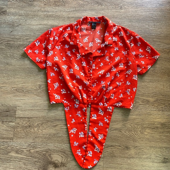 Red Flower Pattern Crop Top with Front Tie from Forever 21 - Picture 1 of 5